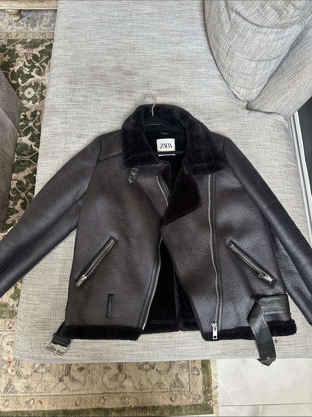 ZARA Black Shearling-Trim Moto Jacket